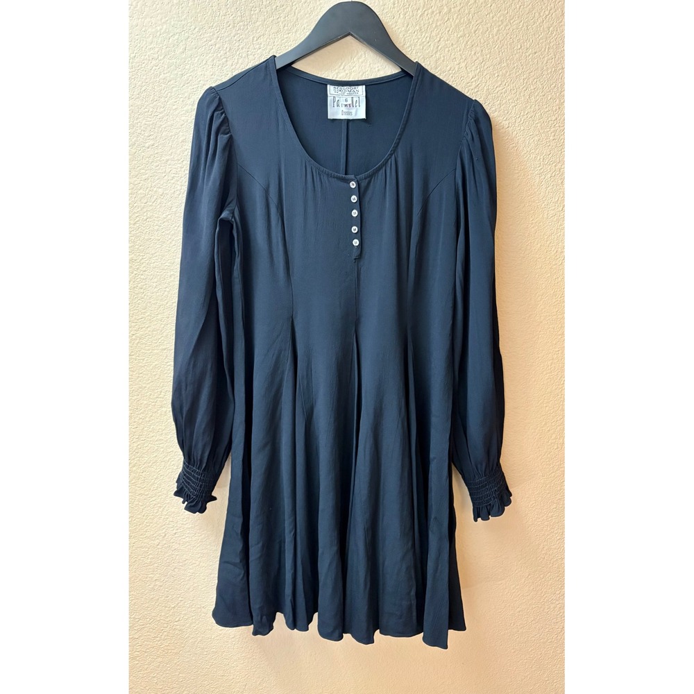Vintage Parallel Bergdorf Goodman Black Long Sleeve Mini Dress Smocked Cuff Sz 6